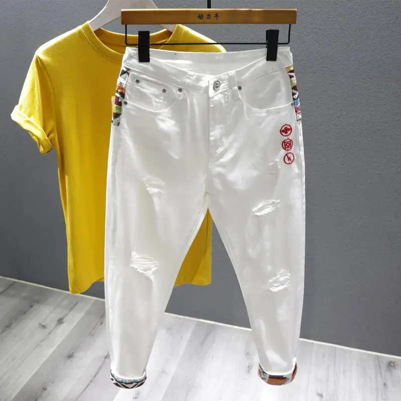 Men White Denim Jeans Slim Fit Stretch Long Jeans New Fashion Male Splicing Patch Denim Pants Quality Man Ankle-length Jeans
