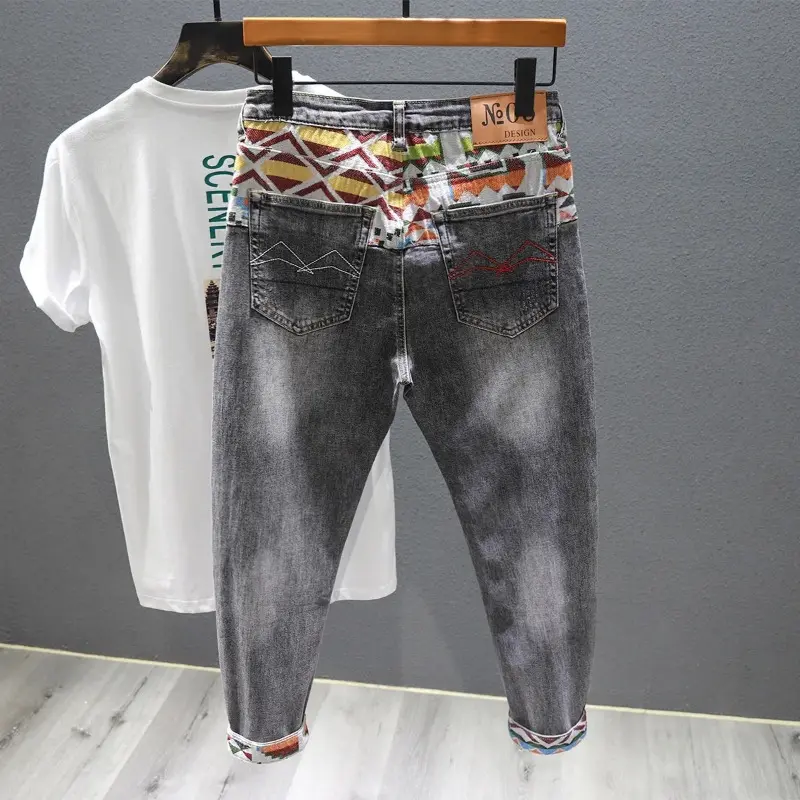 Men White Denim Jeans Slim Fit Stretch Long Jeans New Fashion Male Splicing Patch Denim Pants Quality Man Ankle-length Jeans