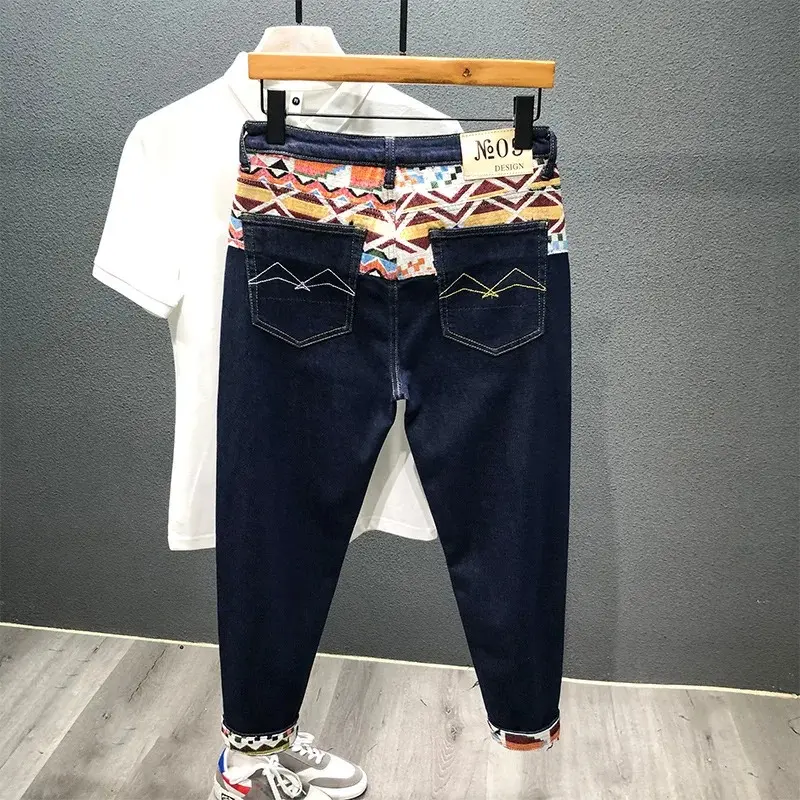 Men White Denim Jeans Slim Fit Stretch Long Jeans New Fashion Male Splicing Patch Denim Pants Quality Man Ankle-length Jeans