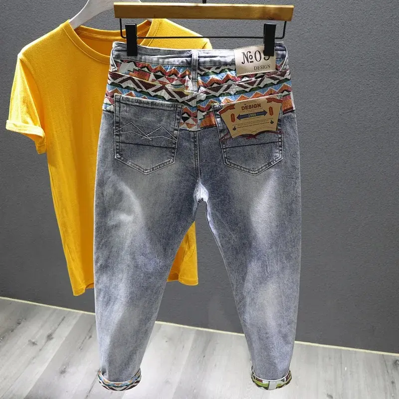 Men White Denim Jeans Slim Fit Stretch Long Jeans New Fashion Male Splicing Patch Denim Pants Quality Man Ankle-length Jeans
