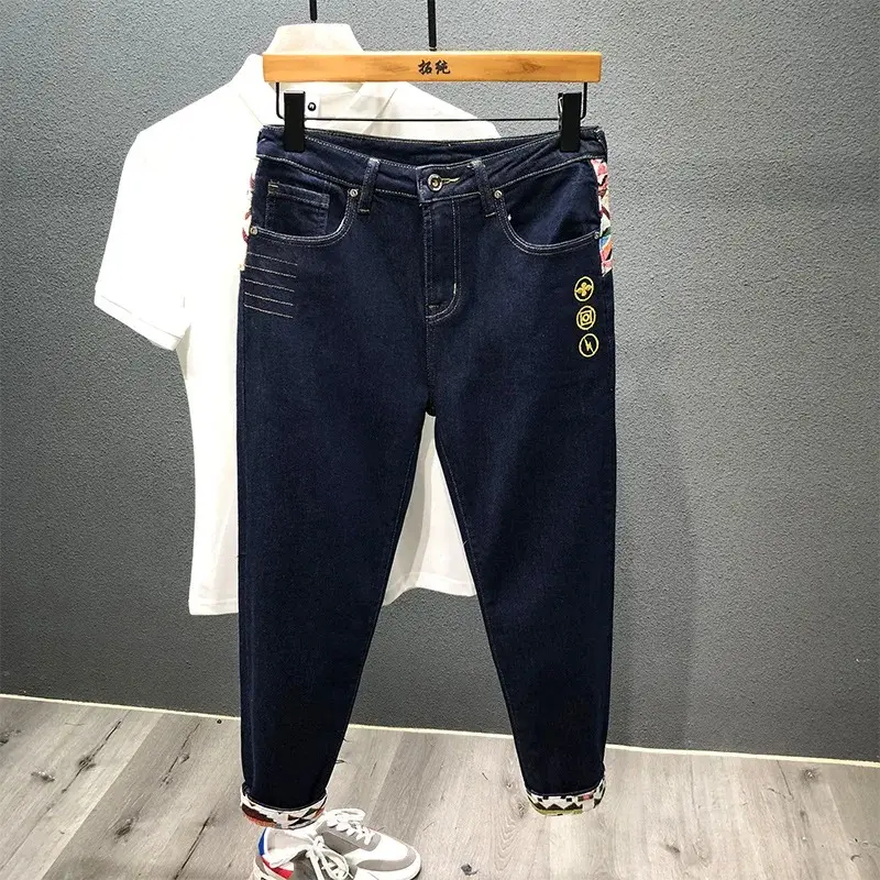 Men White Denim Jeans Slim Fit Stretch Long Jeans New Fashion Male Splicing Patch Denim Pants Quality Man Ankle-length Jeans