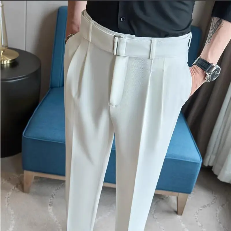 Quality Male Boutique Men Formal Wear Wedding Dress Trousers Men Belt Design British Style Business Casual Slim Suits Pants 3XL
