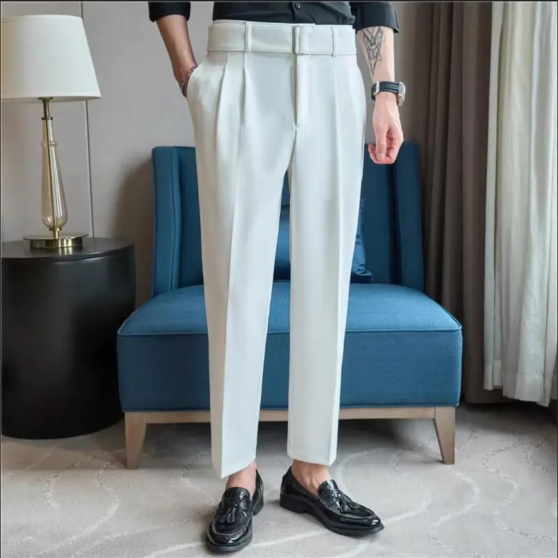 Quality Male Boutique Men Formal Wear Wedding Dress Trousers Men Belt Design British Style Business Casual Slim Suits Pants 3XL