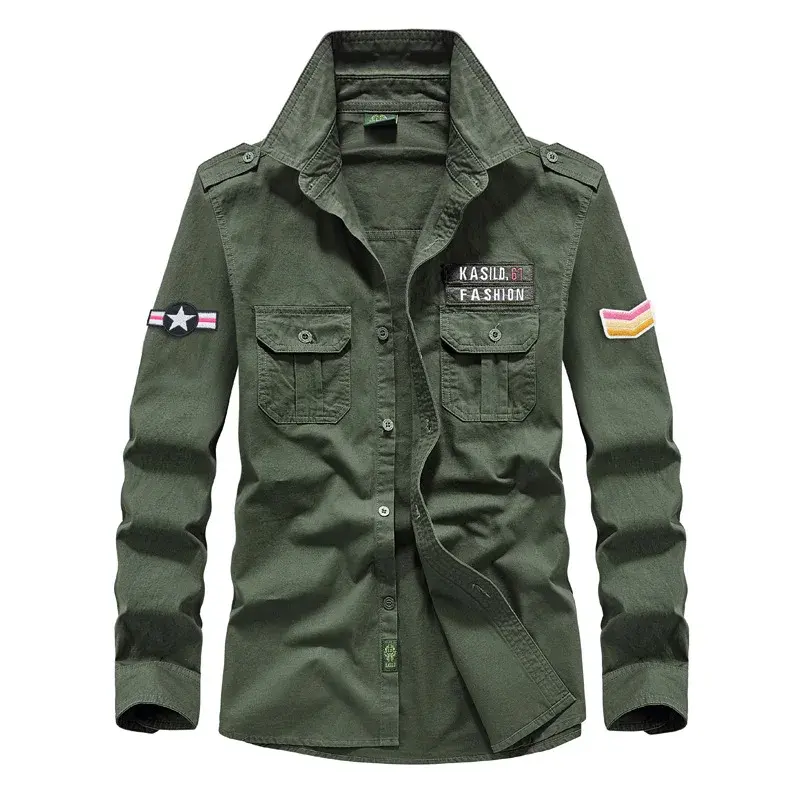 Men Cotton Military Outdoor Casual Shirts Multi-pocket Tooling Shirts High Quality Man Large Size Solid Long-sleeved Shirts 5XL