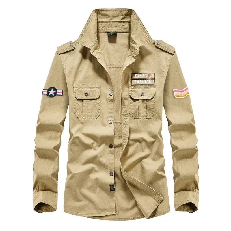 Men Cotton Military Outdoor Casual Shirts Multi-pocket Tooling Shirts High Quality Man Large Size Solid Long-sleeved Shirts 5XL