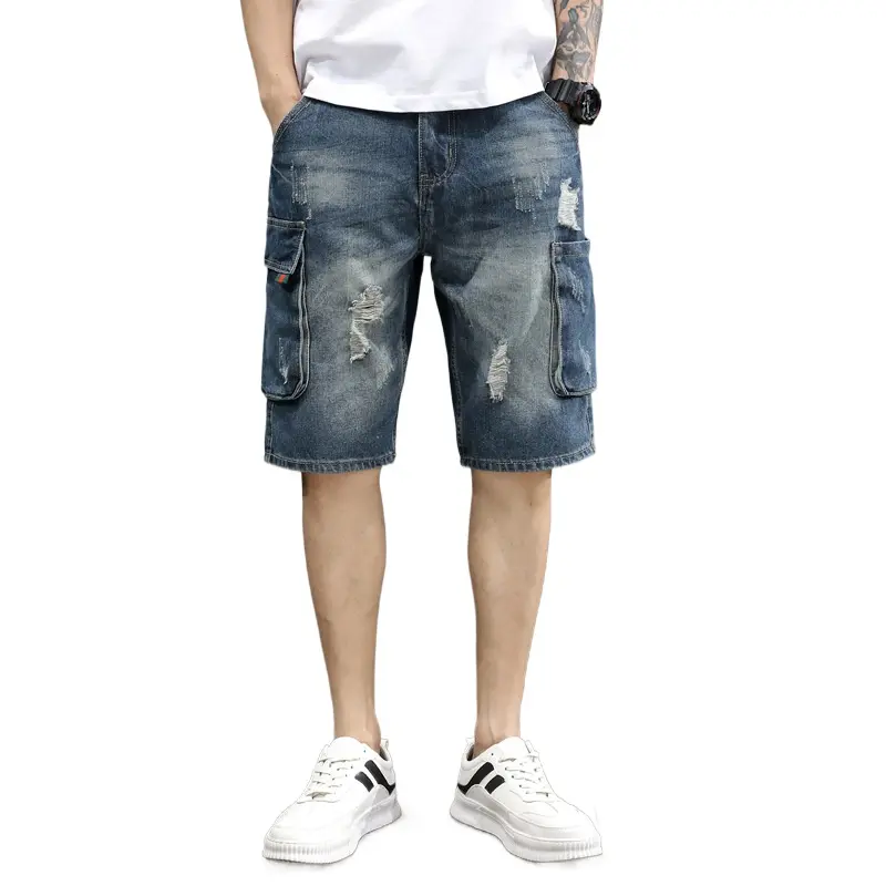 New Summer Men Retro Blue Denim Shorts Jeans Good Quality Male Cotton Straight Loose Shorts Fashion Ripped Knee Length Jeans 42