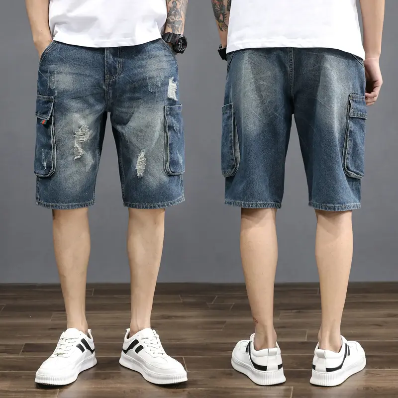 New Summer Men Retro Blue Denim Shorts Jeans Good Quality Male Cotton Straight Loose Shorts Fashion Ripped Knee Length Jeans 42
