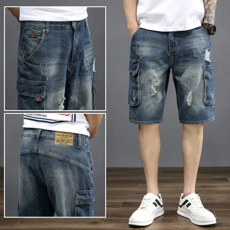 New Summer Men Retro Blue Denim Shorts Jeans Good Quality Male Cotton Straight Loose Shorts Fashion Ripped Knee Length Jeans 42