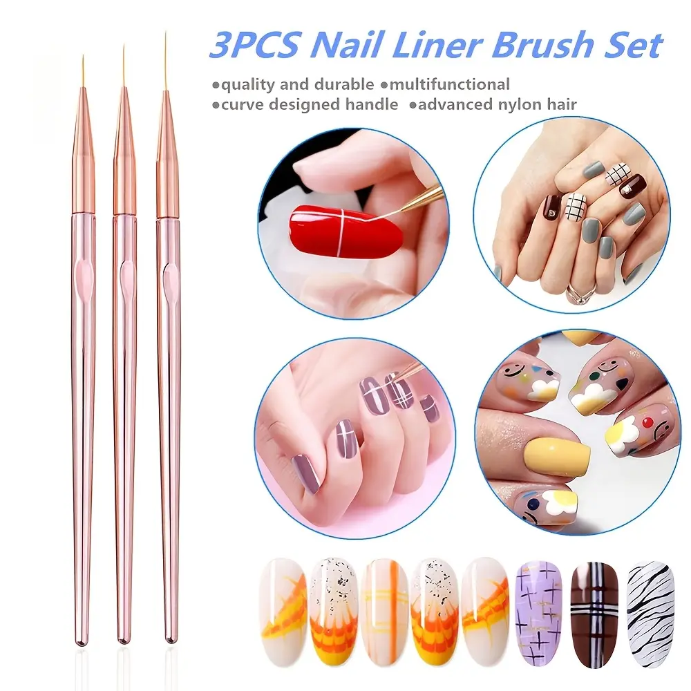 LINMANDA 3pcs Rose Gold Nail Liner Brush Nail Design Brushes Thin Nail Art Brush Liner Brush for Nail Art Nail Art Pens