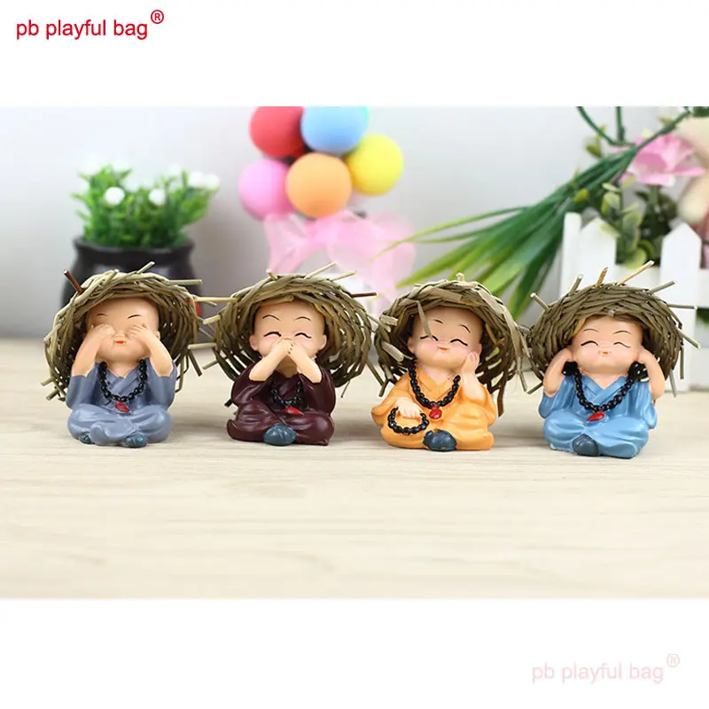 4pcs Handmade Straw Hat Buddha Beads Creative Four Little Monk Doll Mini Action Figure Cartoon Cute Doll Christmas Gifts HG215