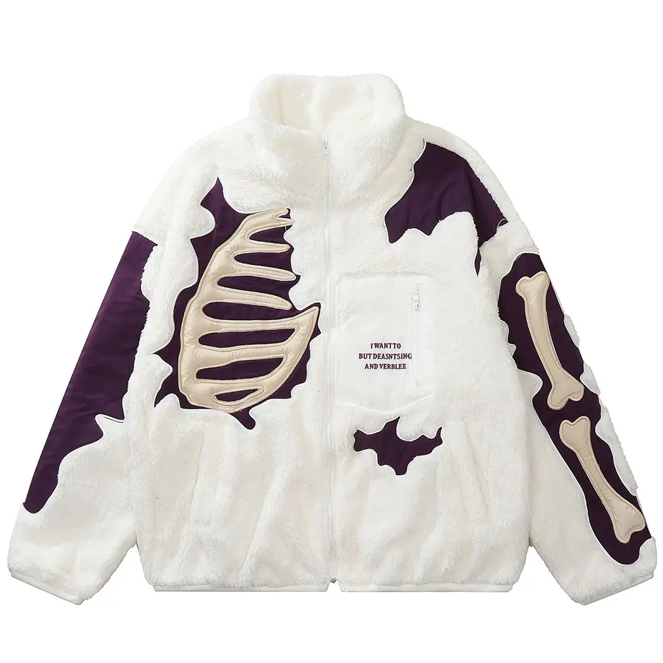 Hip Hop Fleece Fuzzy Jacket Embroidery Skull Skeleton Bones Patch Lambswool Fuzzy Fluffy Coats 2023 Harajuku Thick Warm Jackets