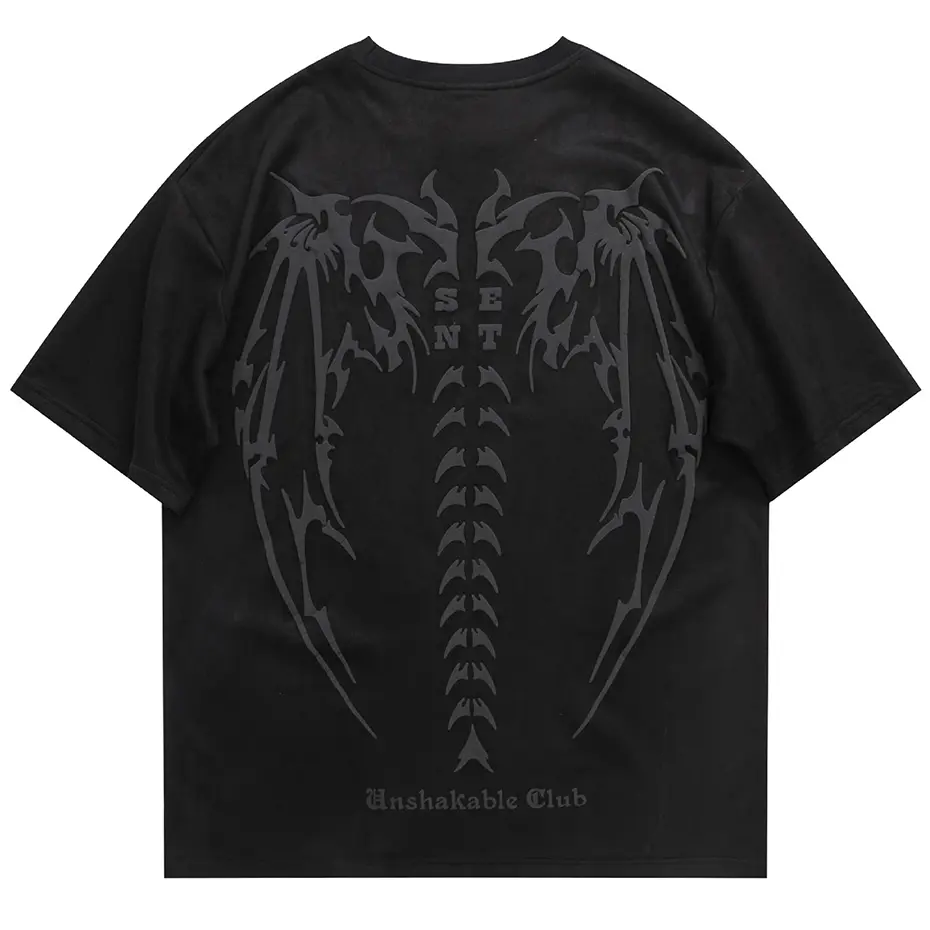 2025 Men Fashion Loose Suede T Shirts Skeleton Wings Graphic Harajuku Streetwear T-shirt Oversized Hip Hop Tshirt Unisex Tee Top