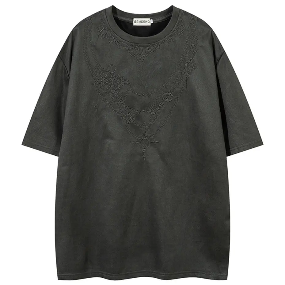 Men's Streetwear Harajuku Hip Hop T Shirts Embroidery Vintage Suede T-shirt Summer Casual Loose Short Sleeve Tee Tops