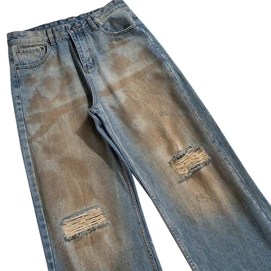Luxury Designer Jeans Men's Vintage Distressed Ripped Blue Denim Pants Hi Street Baggy Jeans Trousers for Male