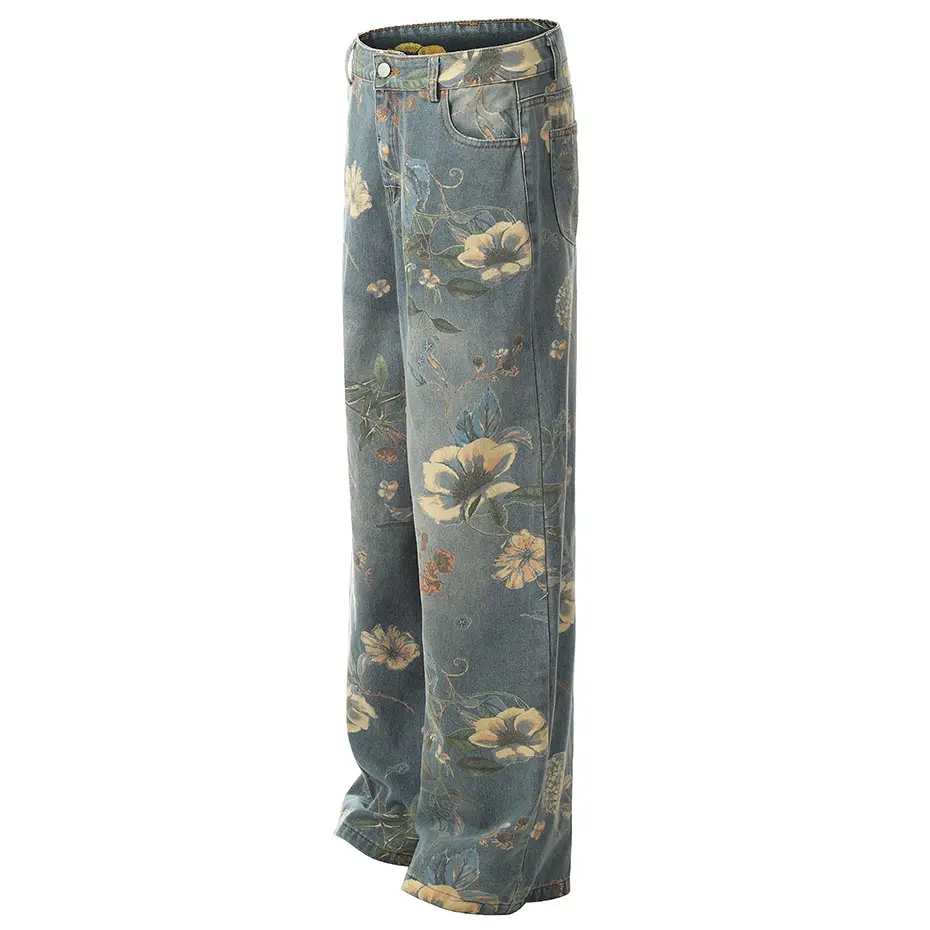 Flower Printed Baggy Jeans Vintage Blue Loose Straight Denim Pants Men Streetwear Harajuku Hip Hop Oversized Jeans Trousers