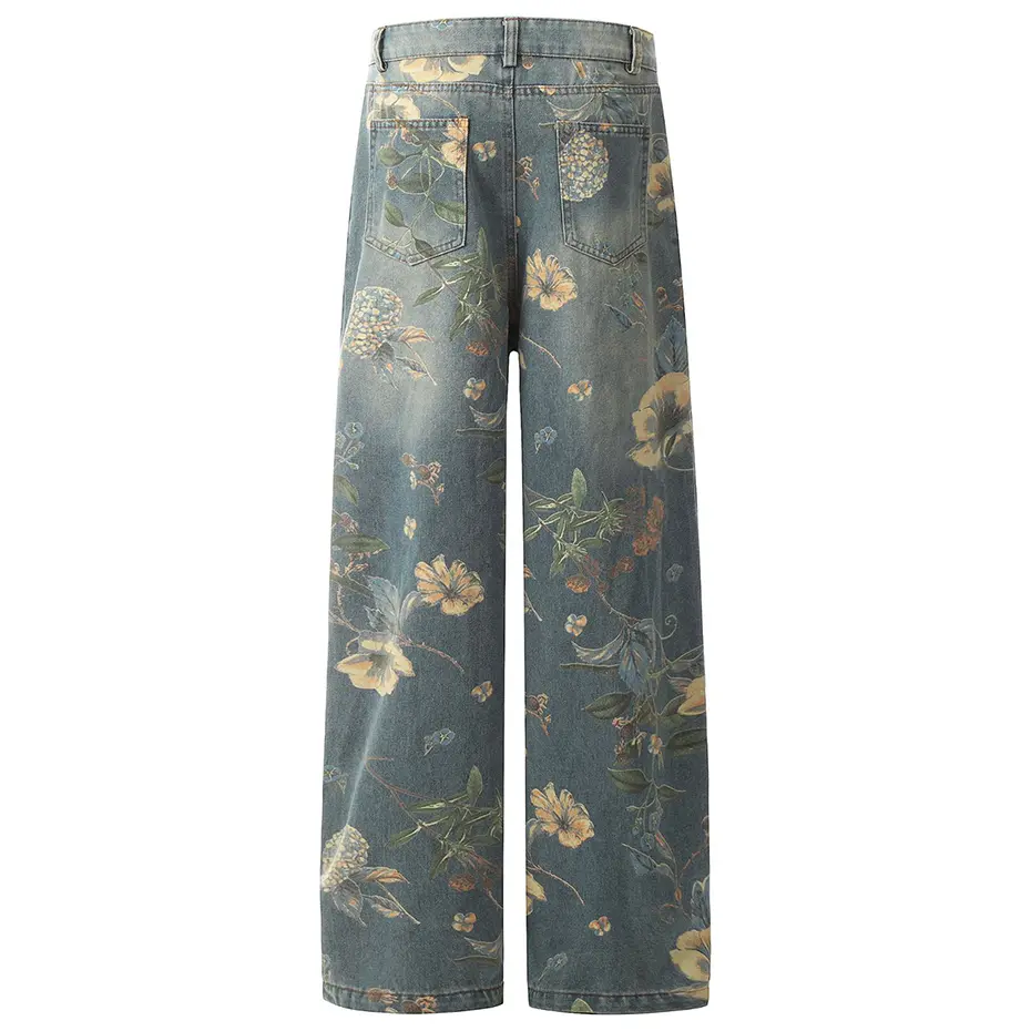 Flower Printed Baggy Jeans Vintage Blue Loose Straight Denim Pants Men Streetwear Harajuku Hip Hop Oversized Jeans Trousers