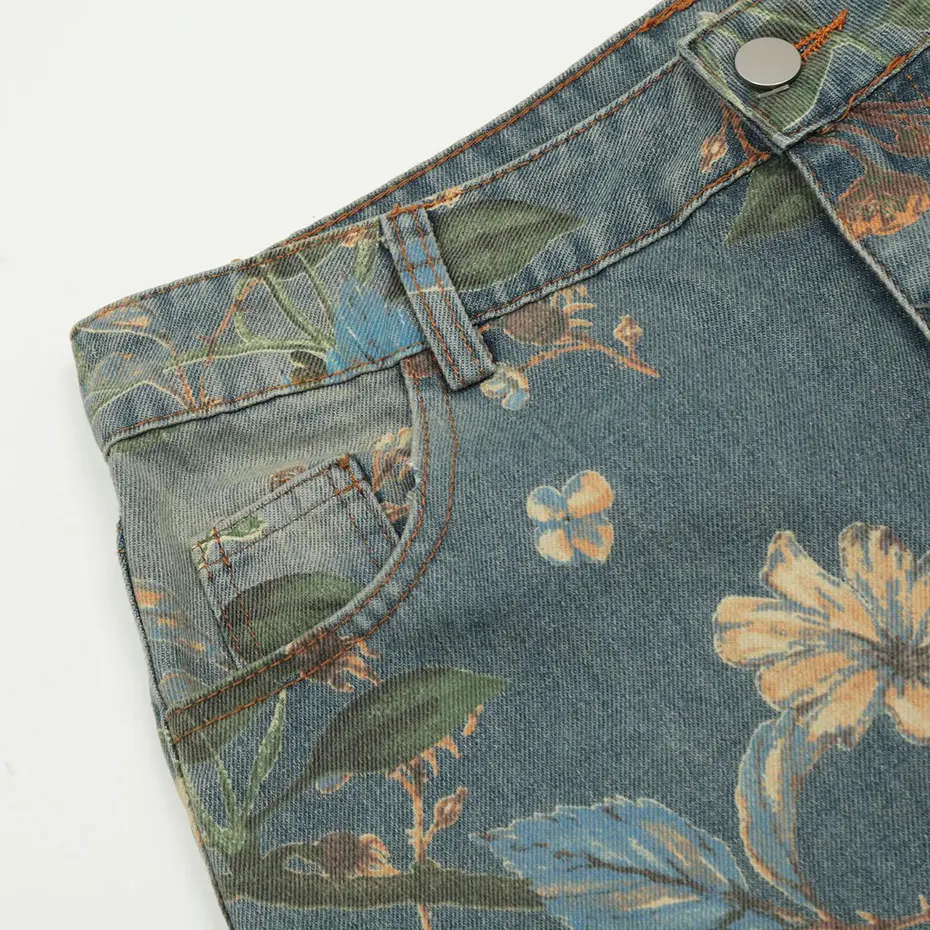 Flower Printed Baggy Jeans Vintage Blue Loose Straight Denim Pants Men Streetwear Harajuku Hip Hop Oversized Jeans Trousers