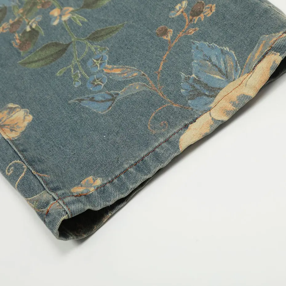 Flower Printed Baggy Jeans Vintage Blue Loose Straight Denim Pants Men Streetwear Harajuku Hip Hop Oversized Jeans Trousers