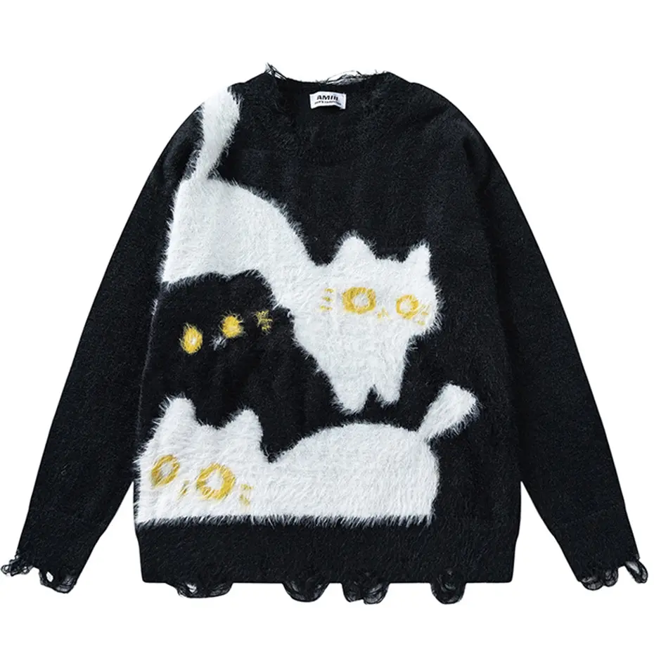 Funny Cat Sweaters Men's Harajuku Oversized Hip Hop Sweater Pullover Knitted Jumer 2024 Y2K Vintage Streetwear Sweaters Unisex