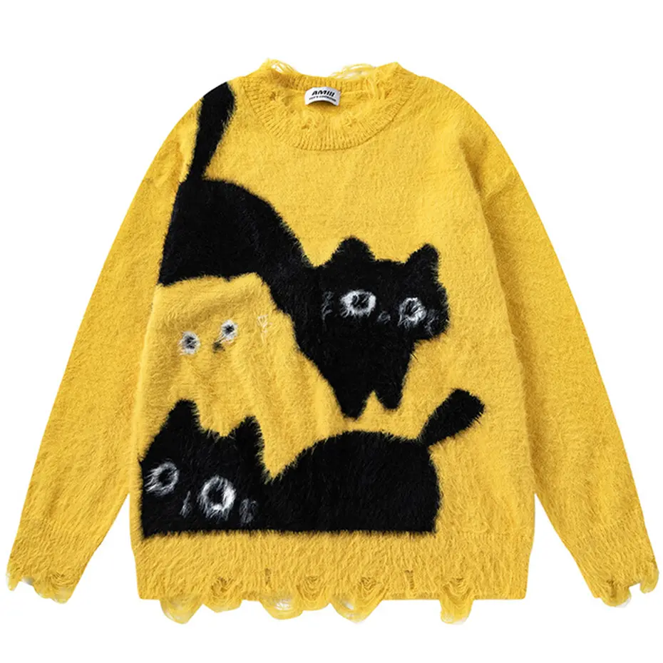 Funny Cat Sweaters Men's Harajuku Oversized Hip Hop Sweater Pullover Knitted Jumer 2024 Y2K Vintage Streetwear Sweaters Unisex