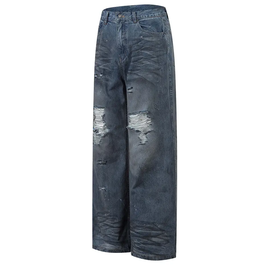 Vintage Ripped Jeans Men's Streetwear Harajuku Hip Hop Jeans Loose Casual Straight Denim Pants