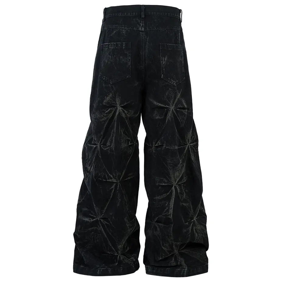 Hi Street Black Baggy Jeans Pleated Designer Denim Pants Men's Streetwear Harajuku Hip Hop Loose Jeans Trousers