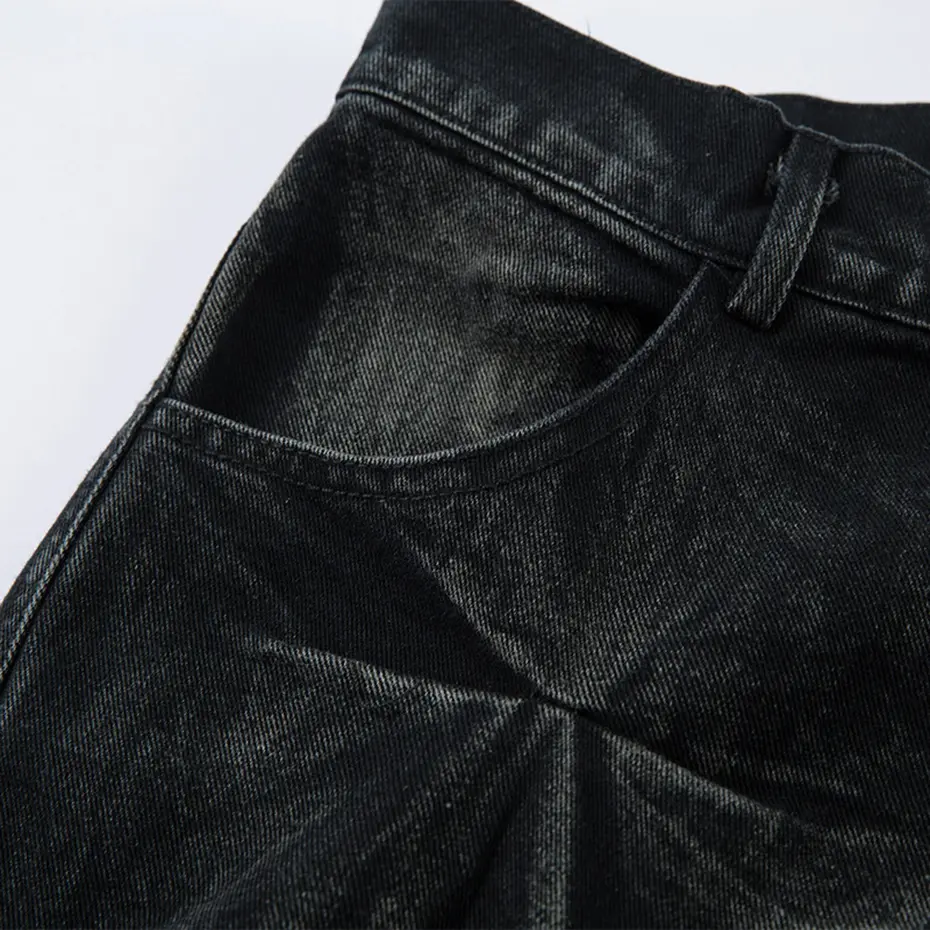 Hi Street Black Baggy Jeans Pleated Designer Denim Pants Men's Streetwear Harajuku Hip Hop Loose Jeans Trousers