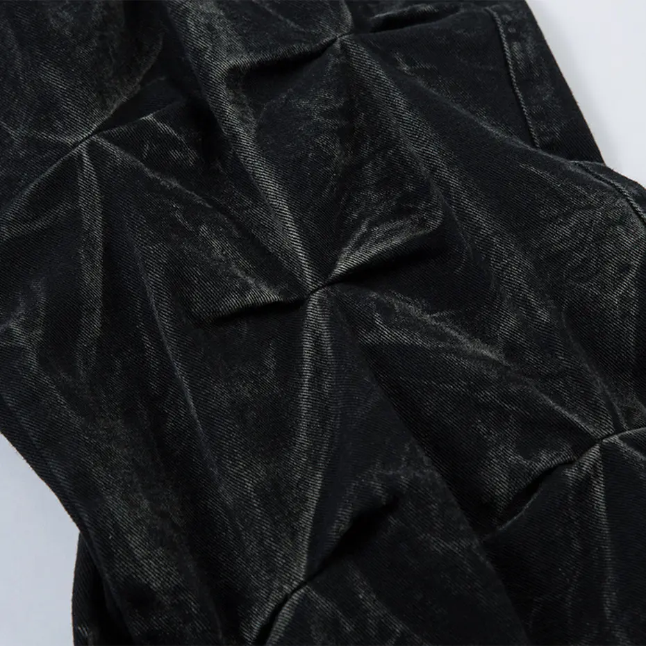 Hi Street Black Baggy Jeans Pleated Designer Denim Pants Men's Streetwear Harajuku Hip Hop Loose Jeans Trousers