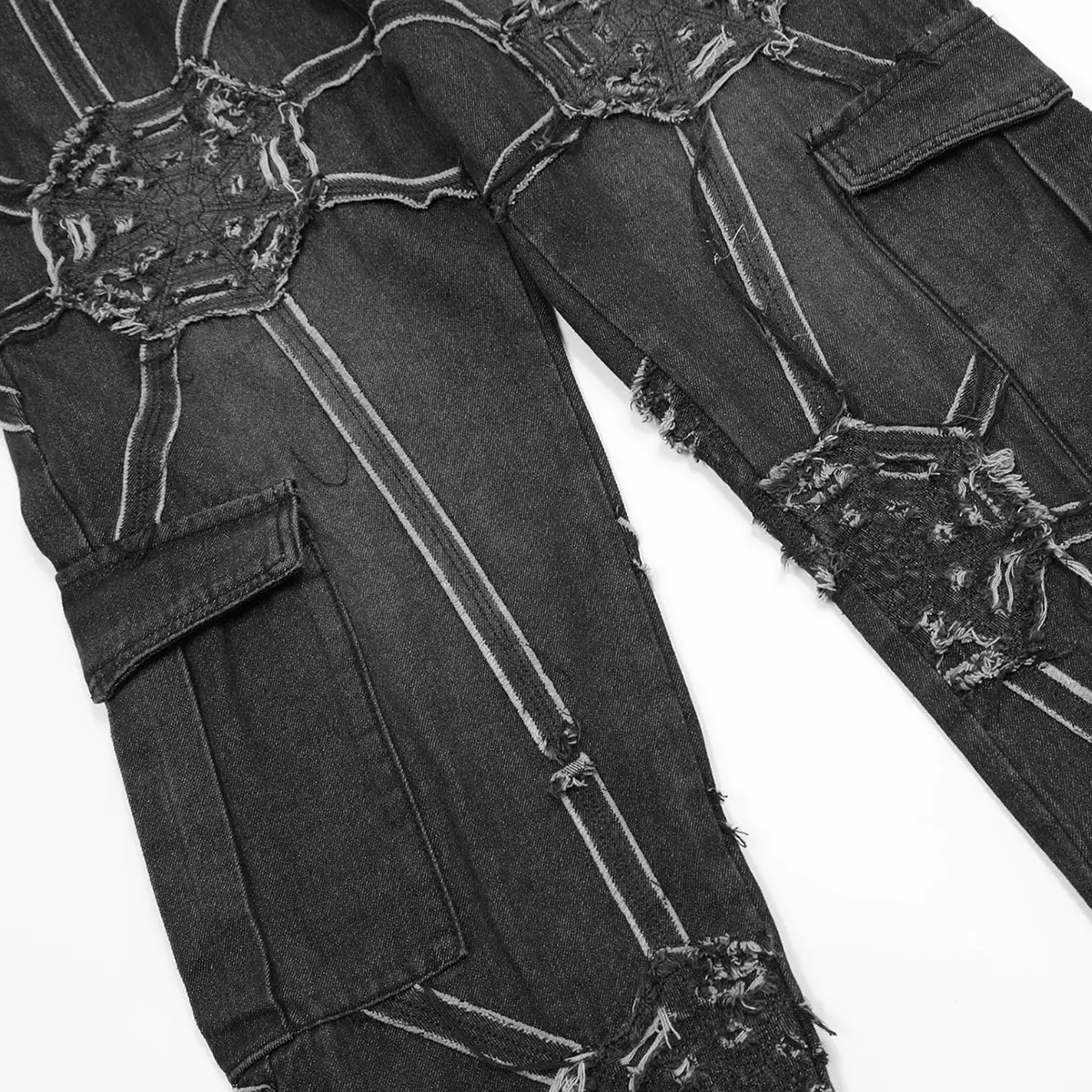 Harajuku Streetwear Jeans Net Splicing Baggy Jeans Hip Hop Denim Pants Black Loose Casual Straight Cargo Jeans