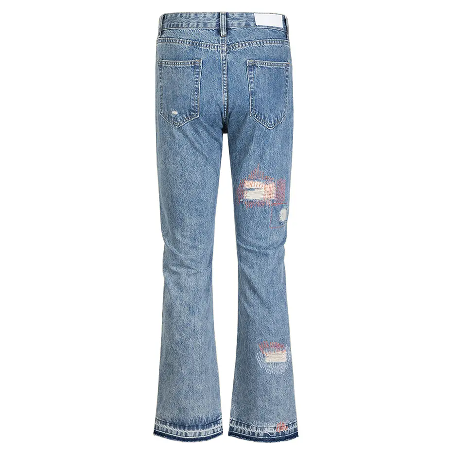Fashion Men's Ripped Jeans Sewing Distressed Flared Denim Pants Harajuku Streetwear Blue Jeans for Man