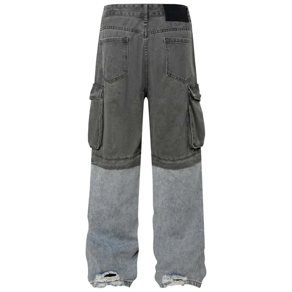 Men's Hi Street Jeans Side Pocket Ripped Patchwork Vintage Denim Pants Streetwear Harajuku Hip Hop Jeans Trousers