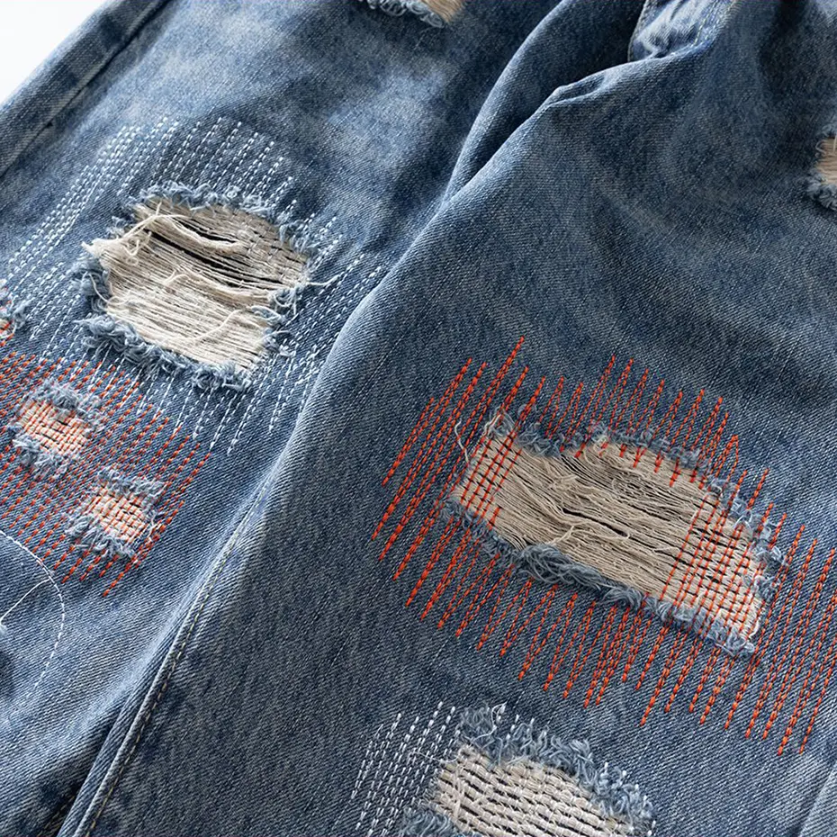 Fashion Men's Ripped Jeans Sewing Distressed Flared Denim Pants Harajuku Streetwear Blue Jeans for Man