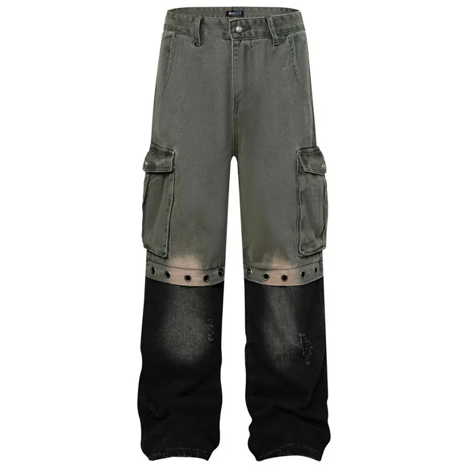Men's Hi Street Jeans Side Pocket Ripped Patchwork Vintage Denim Pants Streetwear Harajuku Hip Hop Jeans Trousers