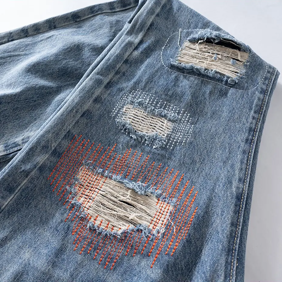 Fashion Men's Ripped Jeans Sewing Distressed Flared Denim Pants Harajuku Streetwear Blue Jeans for Man