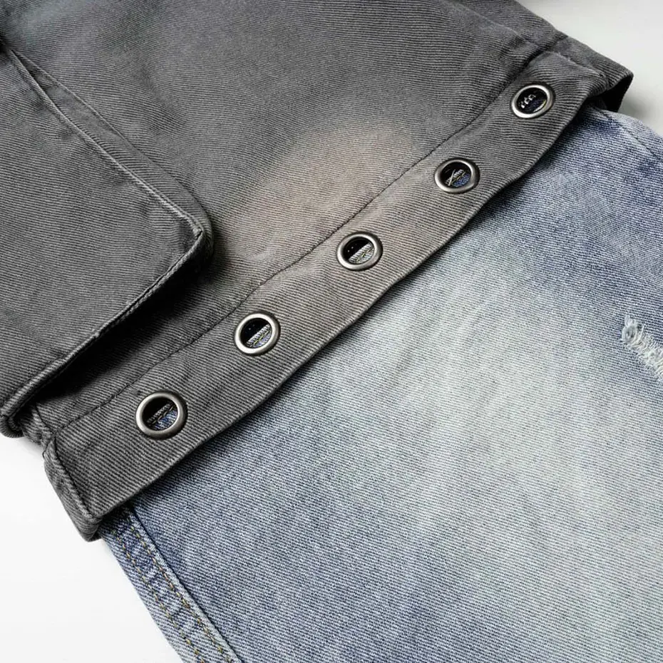 Men's Hi Street Jeans Side Pocket Ripped Patchwork Vintage Denim Pants Streetwear Harajuku Hip Hop Jeans Trousers