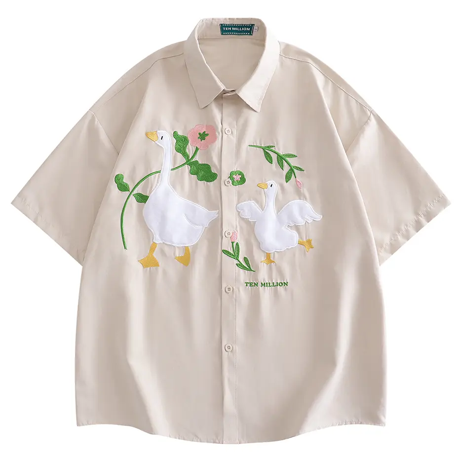 Men's Summer Shirts Flower Duck Embroidery Shirts Man Short Sleeve Button Up Blouse Blue Beige