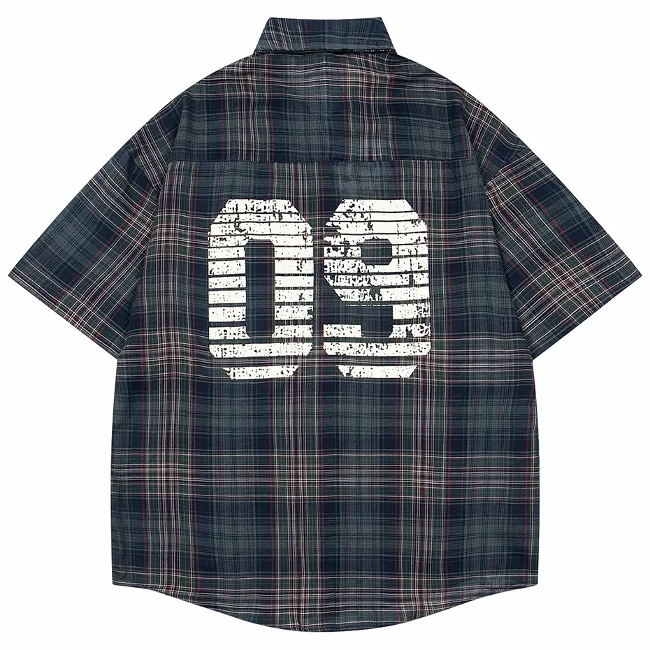 Vintage Shirts with Necktie Unisex Varsity Shirts Vintage Plaid Short Sleeve Button Up Blouse Japan Style Oversized Shirts