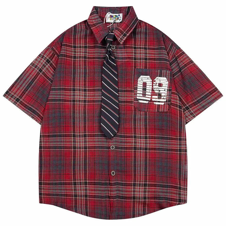 Vintage Shirts with Necktie Unisex Varsity Shirts Vintage Plaid Short Sleeve Button Up Blouse Japan Style Oversized Shirts