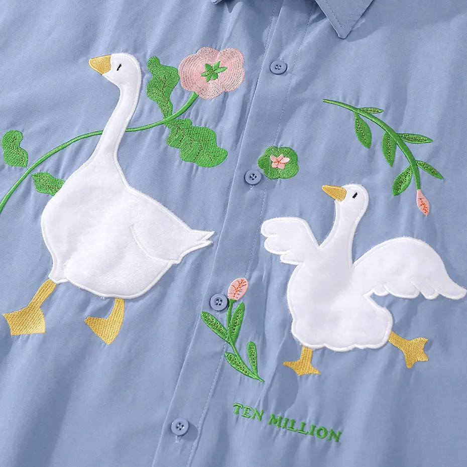 Men's Summer Shirts Flower Duck Embroidery Shirts Man Short Sleeve Button Up Blouse Blue Beige