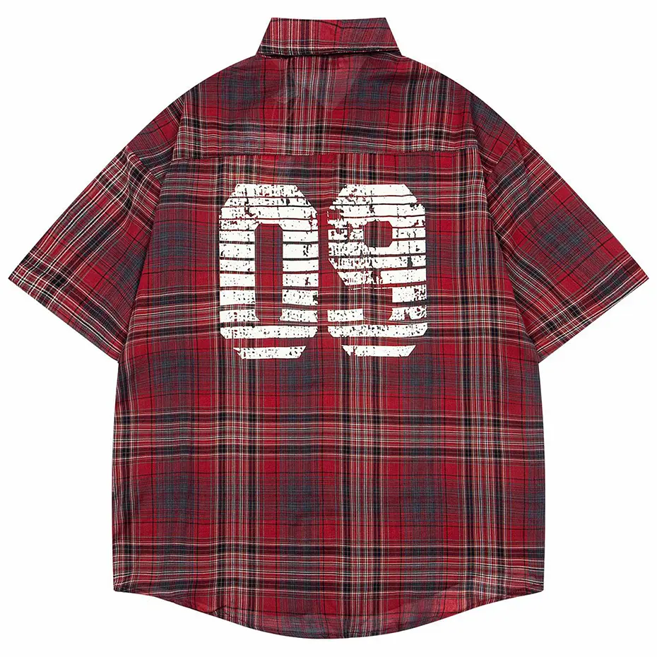 Vintage Shirts with Necktie Unisex Varsity Shirts Vintage Plaid Short Sleeve Button Up Blouse Japan Style Oversized Shirts