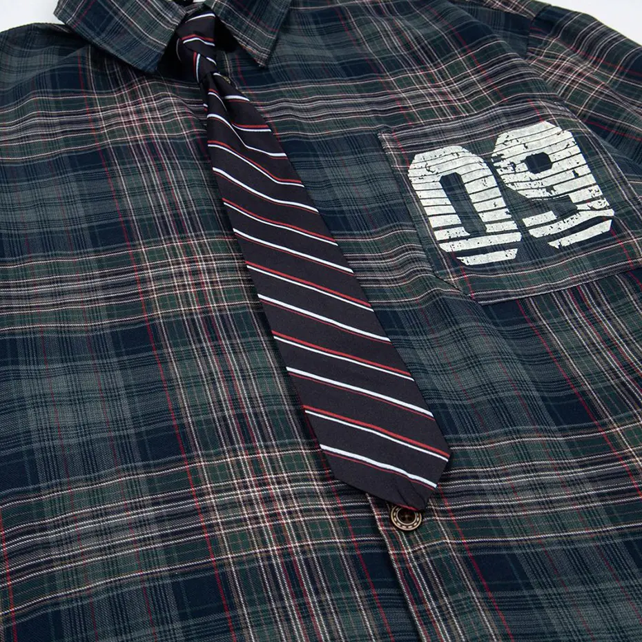 Vintage Shirts with Necktie Unisex Varsity Shirts Vintage Plaid Short Sleeve Button Up Blouse Japan Style Oversized Shirts