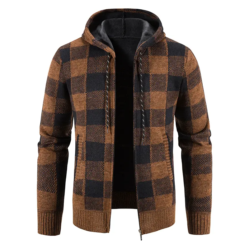 Men Hooded Cardigan Sweaters Winter Plaid Casual Sweatercoats New Male Fleece Warm Cardigans Hoodies Slim Fit Cardigans Size 4XL
