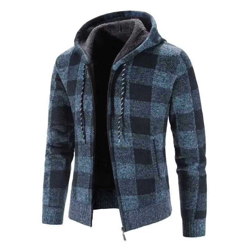 Men Hooded Cardigan Sweaters Winter Plaid Casual Sweatercoats New Male Fleece Warm Cardigans Hoodies Slim Fit Cardigans Size 4XL