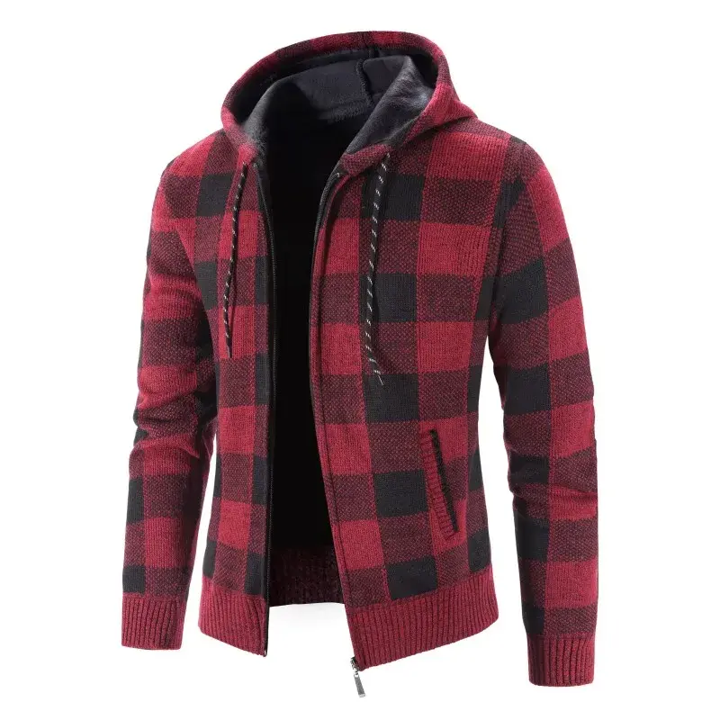 Men Hooded Cardigan Sweaters Winter Plaid Casual Sweatercoats New Male Fleece Warm Cardigans Hoodies Slim Fit Cardigans Size 4XL