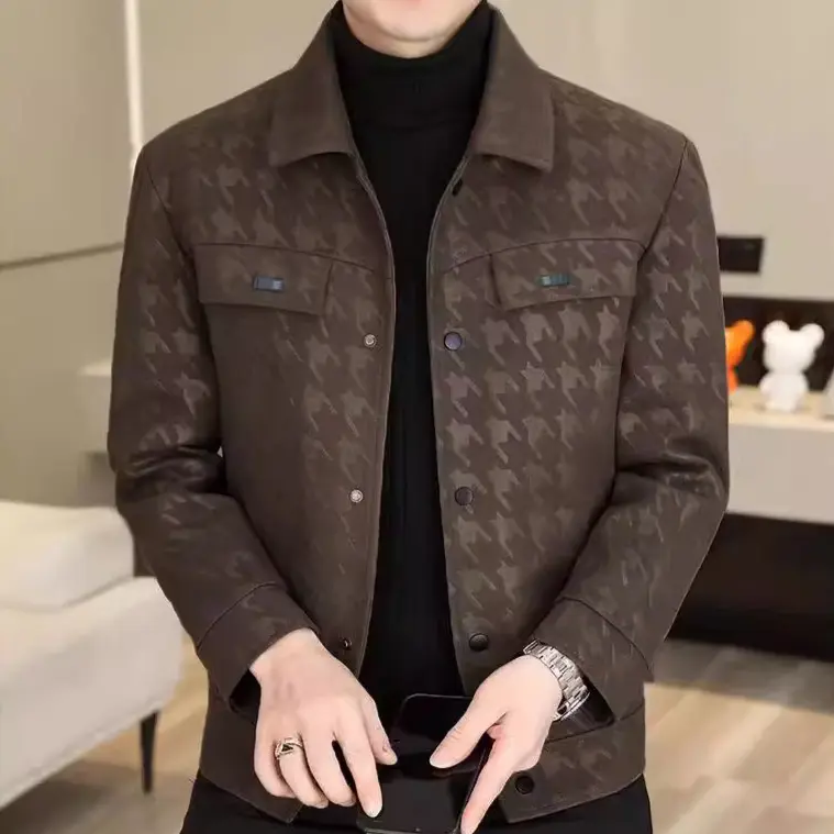New Fashion Men Houndstooth Leather Jackets Male Spring Autumn Slim Casual Leather Coats Good Quality Man Leather Jackets 5XL
