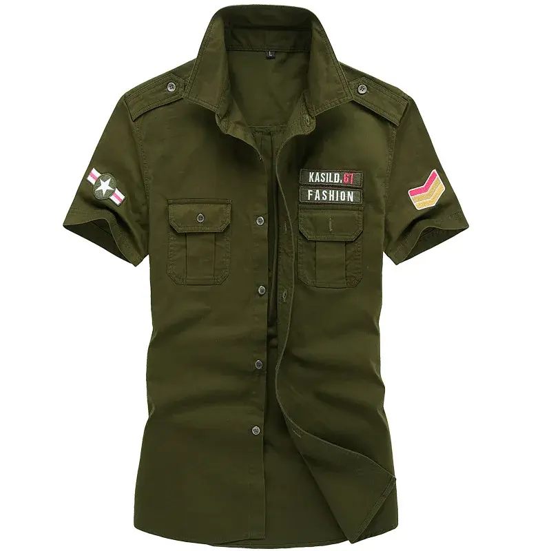 New Summer Men Short Sleeved Cargo Shirts Male Outdoor Military Stytle Tooling Shirts Quality Men Cotton Loose Casual Shirts  6X