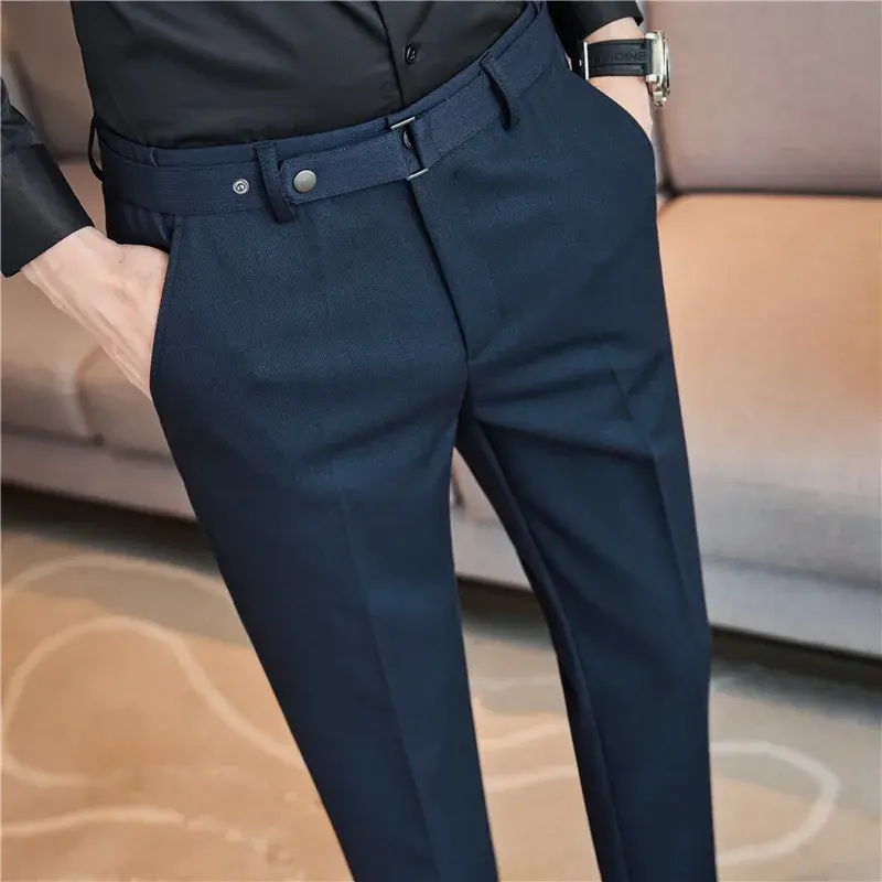 Men Boutique Slim Suits Pants Male Formal Wear Fit Trousers Men British Style Belt Decoration Business Casual Suit Pants 36