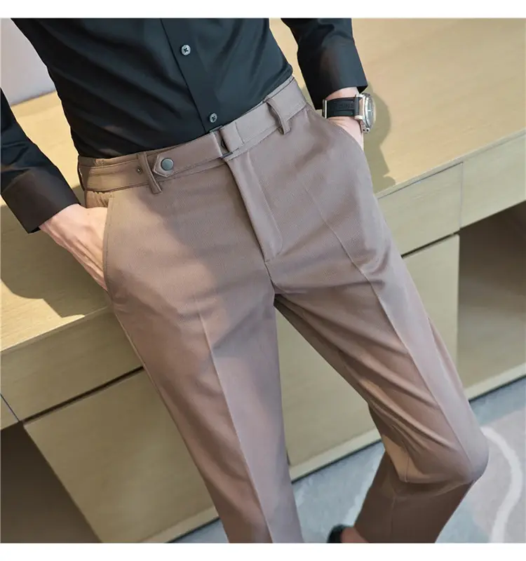 Men Boutique Slim Suits Pants Male Formal Wear Fit Trousers Men British Style Belt Decoration Business Casual Suit Pants 36