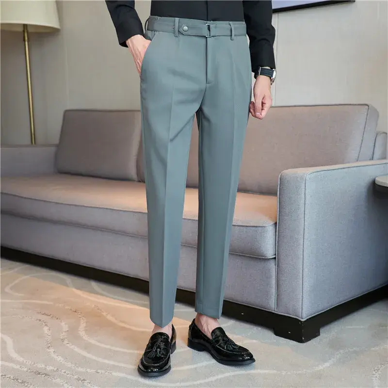 Men Boutique Slim Suits Pants Male Formal Wear Fit Trousers Men British Style Belt Decoration Business Casual Suit Pants 36