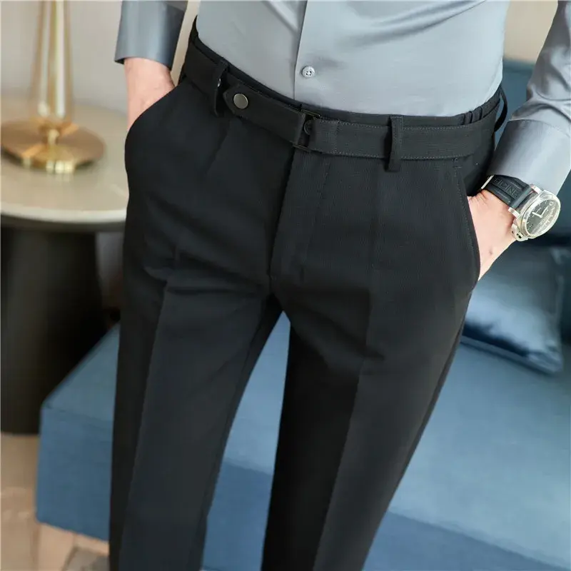 Men Boutique Slim Suits Pants Male Formal Wear Fit Trousers Men British Style Belt Decoration Business Casual Suit Pants 36